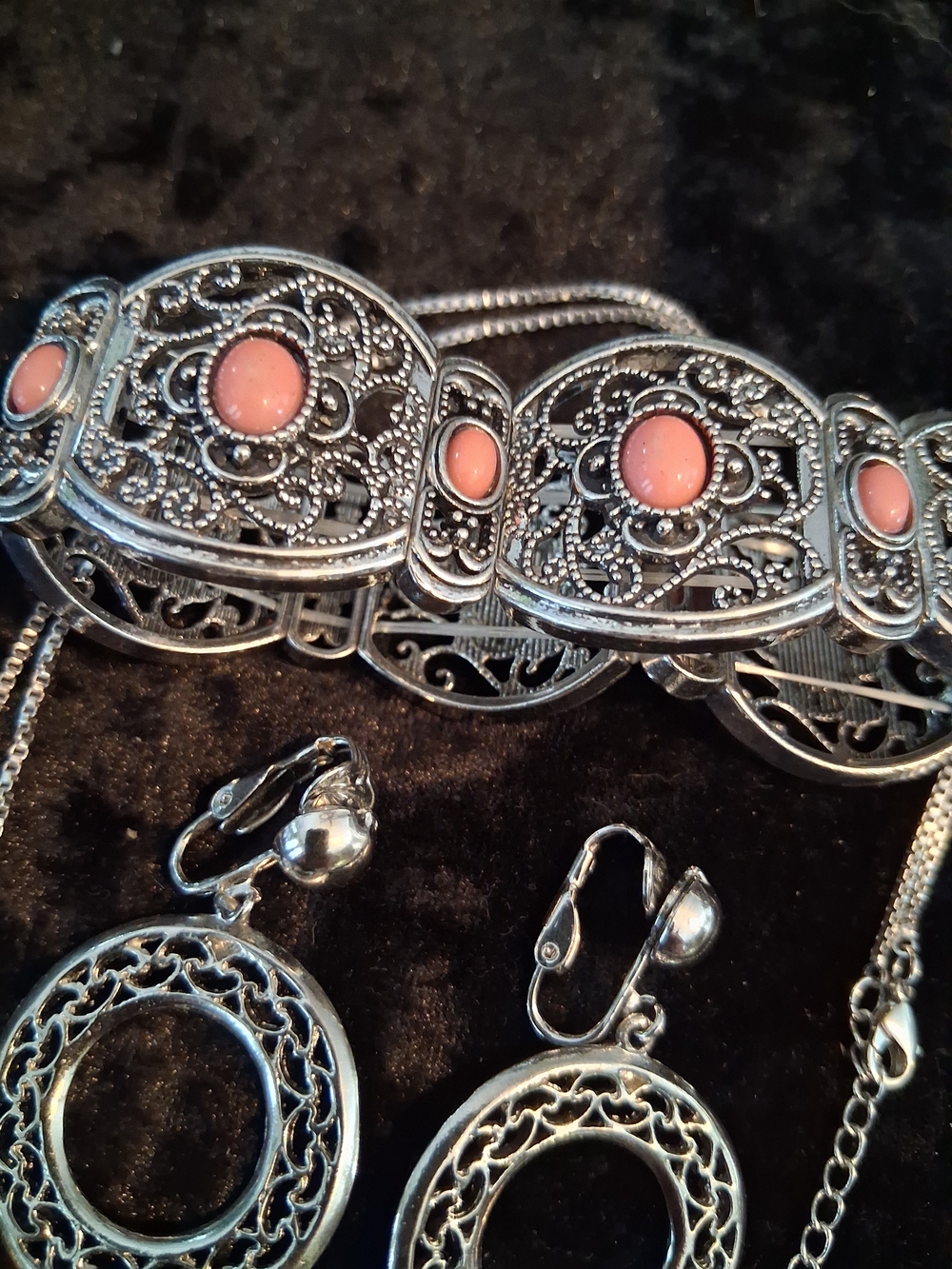 Sterling-Tone Filigree Bracelet with Pink Cabochons